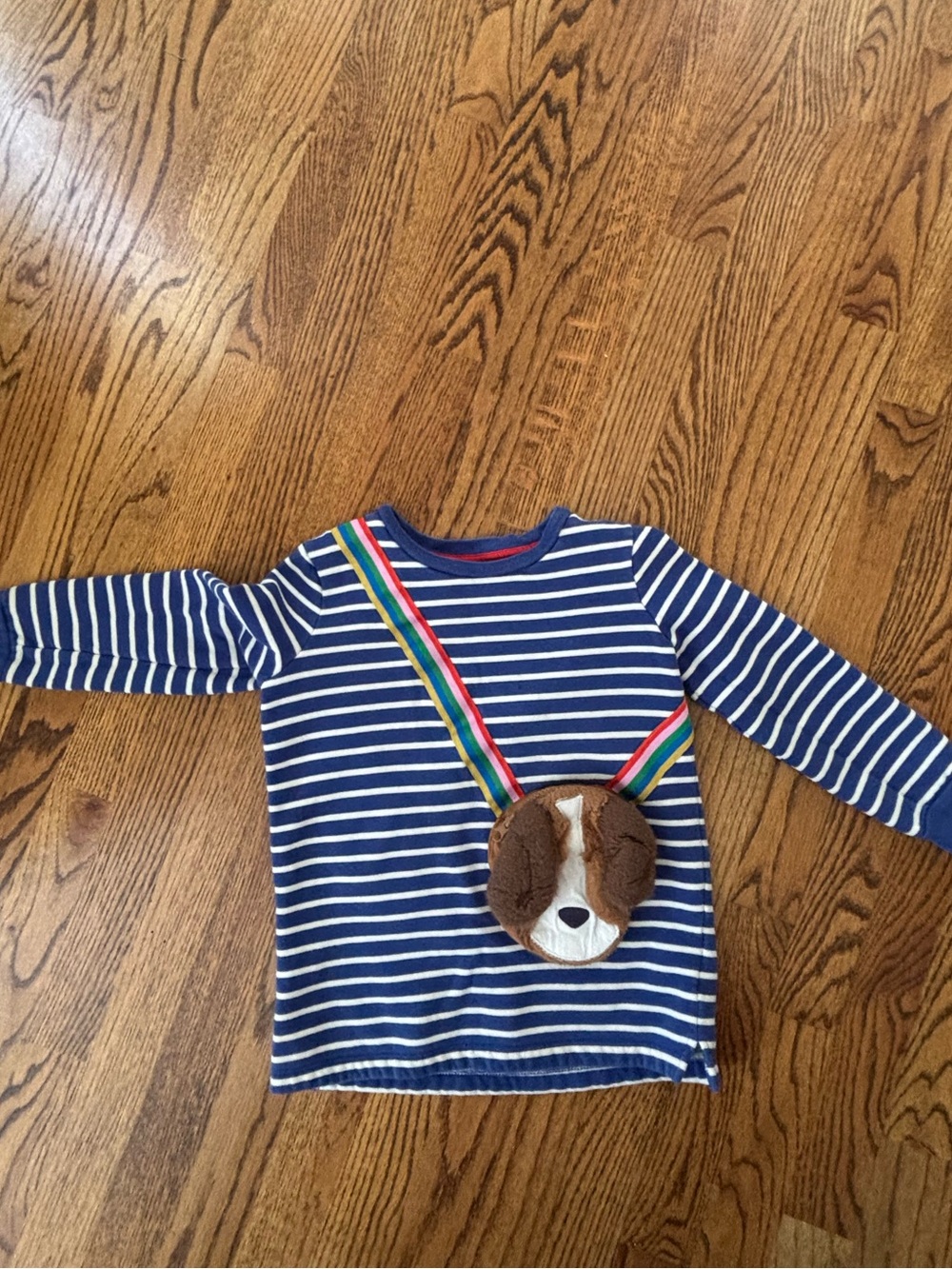 Minor Boden Navy and White Striped Long-Sleeve Top with Plush Dog Pocket